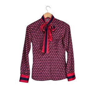 hawes and curtis Red Black lips Patterned Blouse with Bow satin pussybow